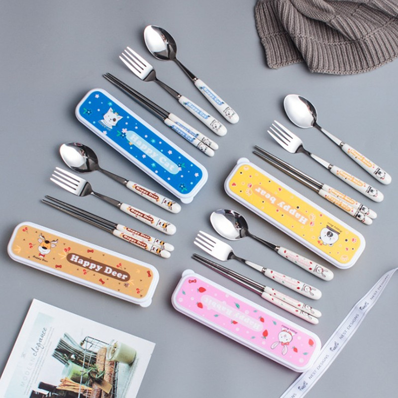 Stainless steel primary school children 304 ceramic tableware three-piece cartoon portable fork spoon chopsticks set with box