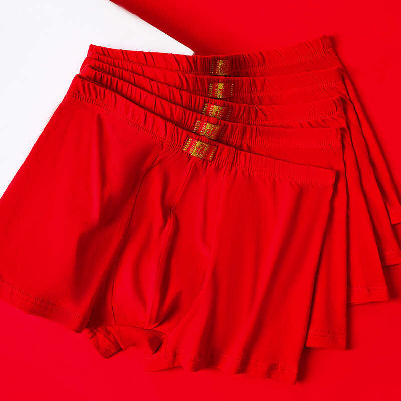 Red Trousers Men's Boxer Briefs Bright Red Pure Cotton Wedding Red Underwear Big Red Shorts Head Boxer Shorts