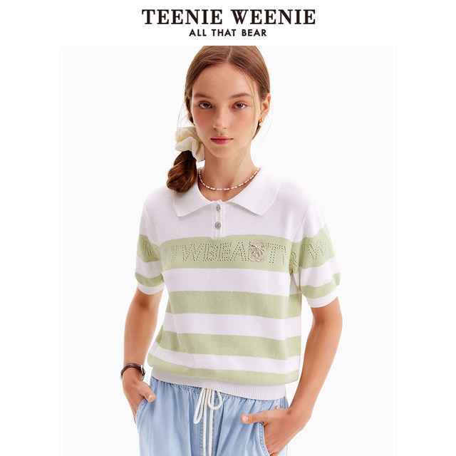 TeenieWeenie Bear summer casual hollow ບາງສະດວກສະບາຍ sweater ແຂນສັ້ນ striped ສະດວກສະບາຍສໍາລັບແມ່ຍິງ