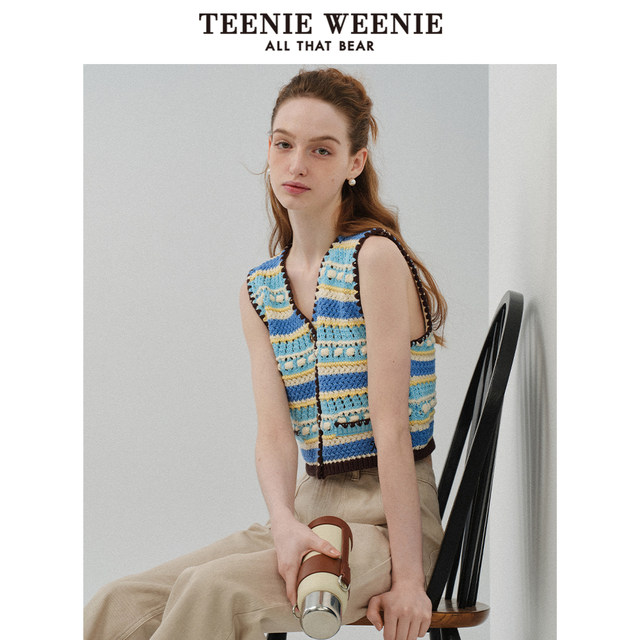 TeenieWeenie Bear Women's 2024 Spring and Summer New-neck V-neck Hollow Cardigan Vest Sleeveless Knitted Cardigan