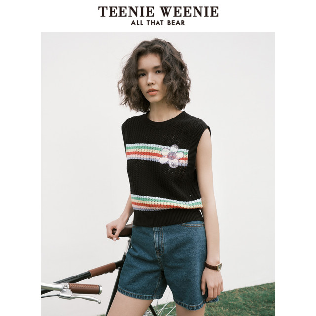 TeenieWeenie bear round neck colorful striped vest knitted sweater ເຄື່ອງນຸ່ງຫົ່ມຂອງແມ່ຍິງທີ່ວ່າງເລັກນ້ອຍແລະແຂງແຮງ