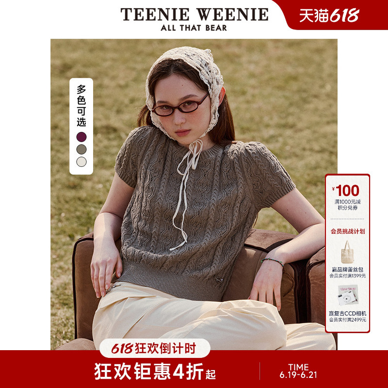 Teenieweenie Bear Knitted T-Shirt Summer Casual Active Women's Round Neck Sweater Fashion Hollow Out Top