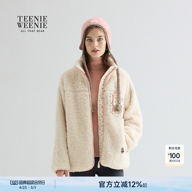 Teenieweenie Women's Autumn and Winter Floral Corduroy Patchwork Faux Lamb Wool Cardigan Sweatshirt Jacket