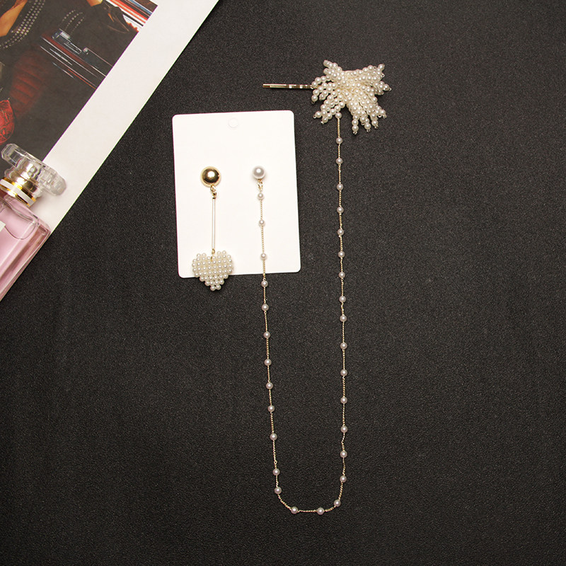 Korean Dongdaemun designer hairpin earrings integrated earrings asymmetrical long pearl flower ear jewelry