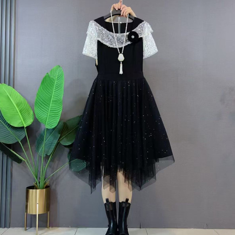 Plus-Size Dress for Women, Black Mesh Splicing with Sequins, Mid-Length Dress, Korean Style, Slimming, Trendy Fairy Style Plus-Size Dress for Women, Black Mesh Splicing with Sequins, Mid-Length Dress, Korean Style, Slimming, Trendy Fairy Style