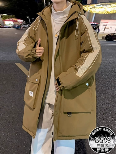 Зимний длинный пуховик для мальчиков с капюшоном, бархатная куртка, средней длины, подходит для подростков, большой размер, утиный пух, оверсайз