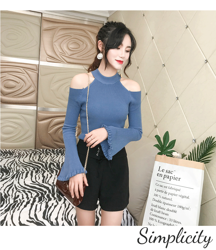 Mùa thu đông mới màu rắn cổ tròn treo cổ quây sừng áo len dài tay nữ Slim áo len học sinh mỏng áo gile hàn