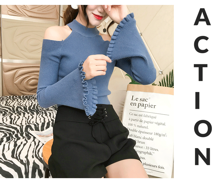 Mùa thu đông mới màu rắn cổ tròn treo cổ quây sừng áo len dài tay nữ Slim áo len học sinh mỏng áo gile hàn