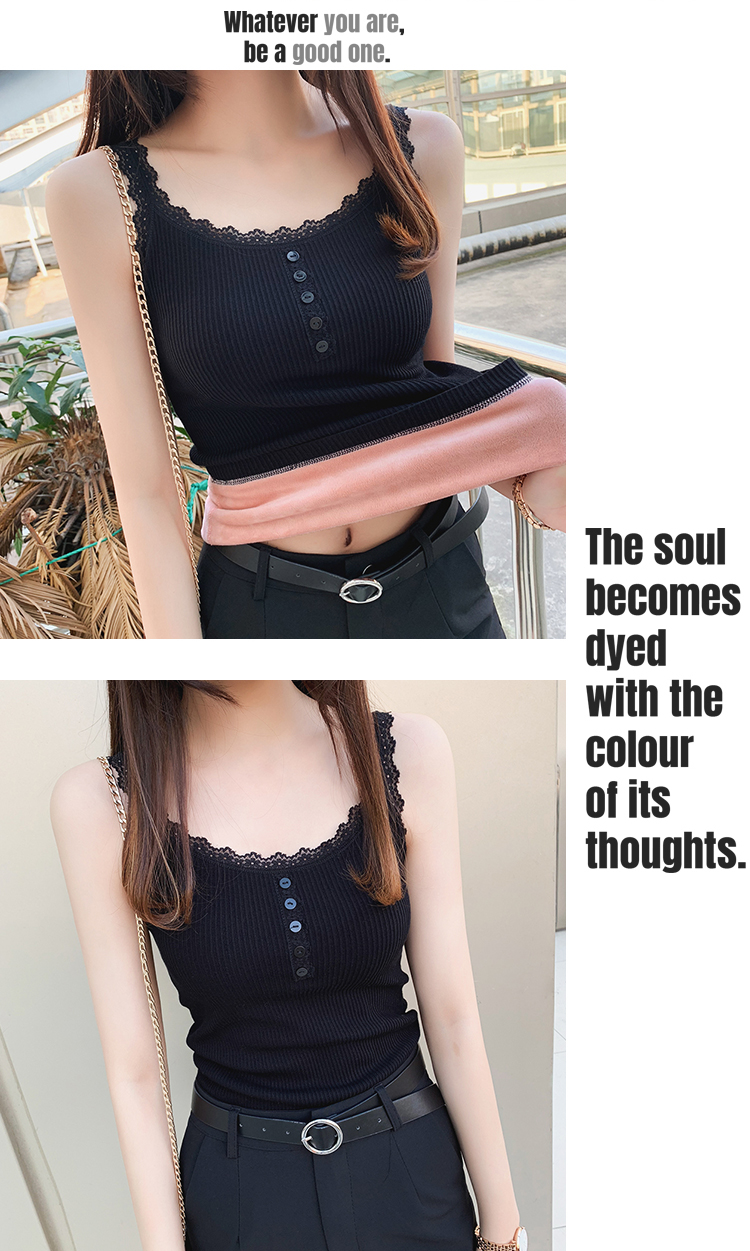 Nút ren trang trí cơ thể định hình áo vest nữ co giãn cộng với nhung dày đồ lót nhiệt bên trong áo thun đáy quần áo sơ mi nữ đẹp