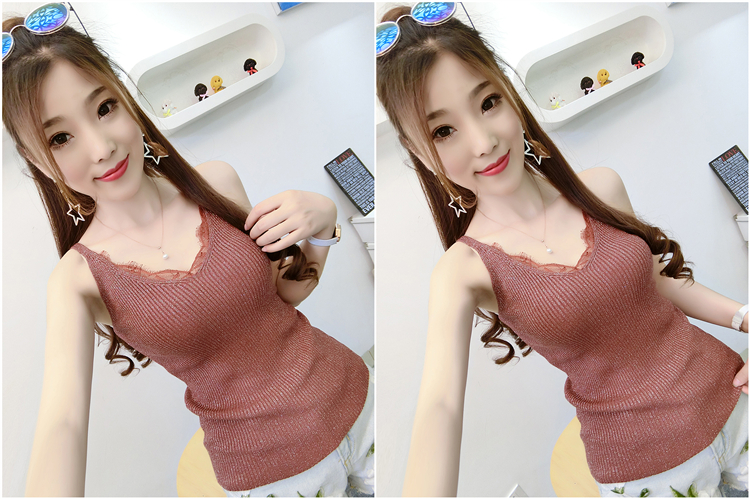 Mùa hè lông mi ren móc hoa cổ chữ V sáng lụa đan áo yếm nữ ngắn đoạn bên trong mặc áo không tay chạm đáy shop thời trang nữ