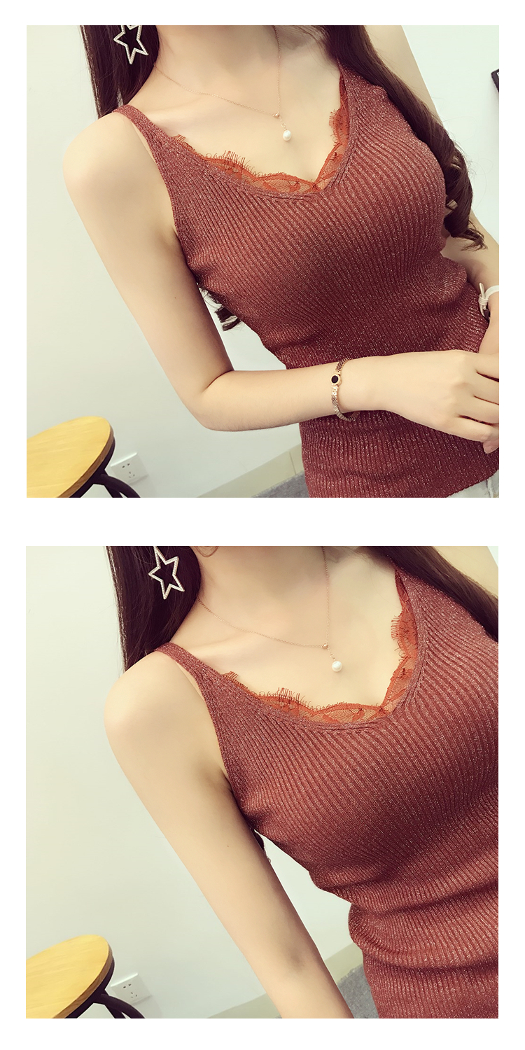 Mùa hè lông mi ren móc hoa cổ chữ V sáng lụa đan áo yếm nữ ngắn đoạn bên trong mặc áo không tay chạm đáy shop thời trang nữ