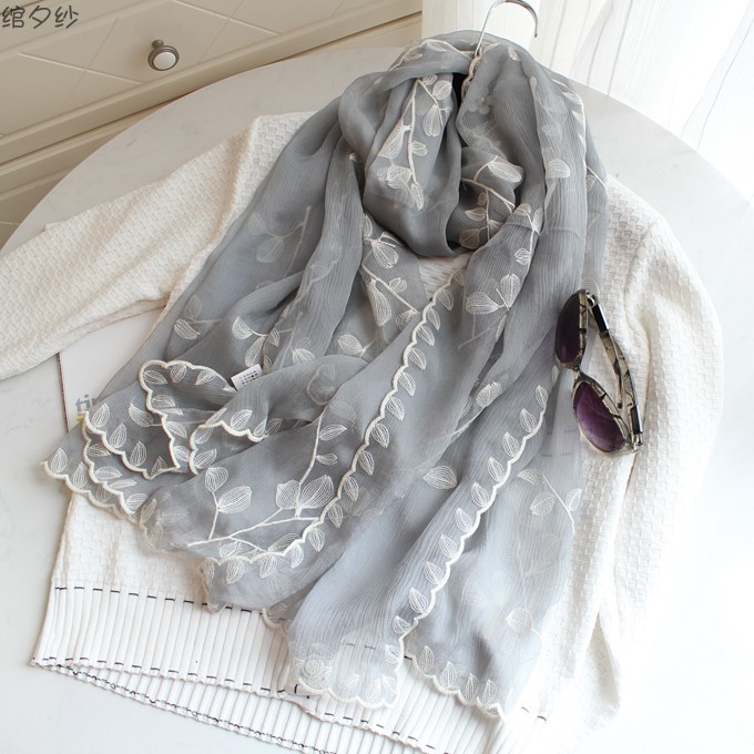 Grey 100% mulberry silk scarves real silk scarves upscale embroideries 100 hitch sunscreen shawl scarves for women spring and summer