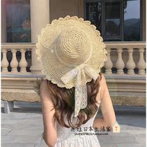 Japanese bowknot big hat brim straw hat female summer GP hollow lace strap sunscreen hat outing Dome hat