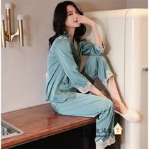 Japanese GP Ice Silk thin pajamas women spring and summer solid color sweet Foreign two-piece long sleeve outside wear home clothes