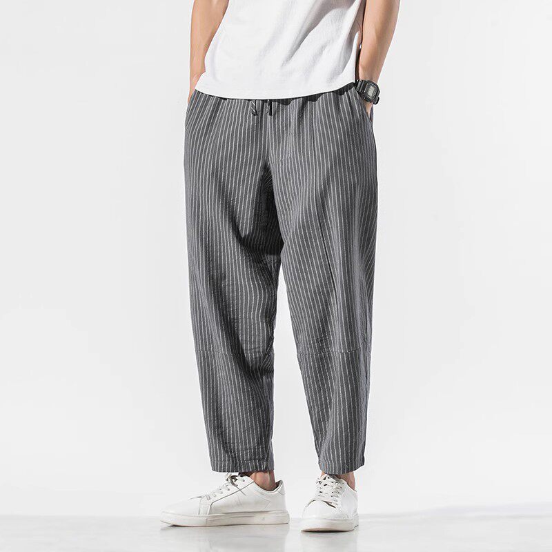 Striped nine-point pants men's summer pants retro cotton and linen casual pants plus fat plus size straight loose pants men's clothing