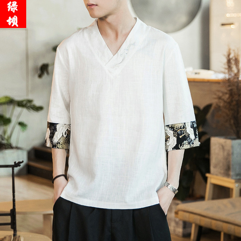 Chinese Wind Men Short Sleeve TT Shirt V-Linen Down Fluid Cushion Summer Thin T-shirt