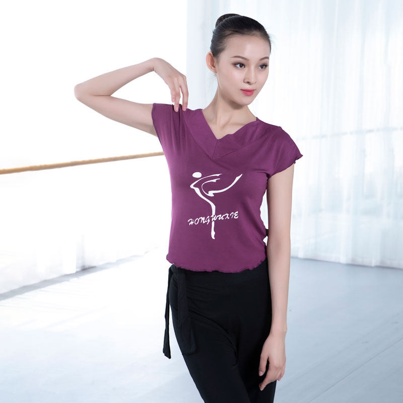 New red dance shoes 35050V collar short-sleeved top aerobics practice suit yoga suit dance suit women's dance top