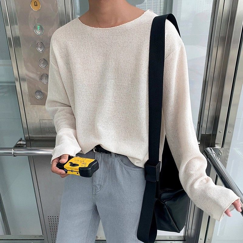 Japanese City Boy Sun Protection T-Shirt for Men, Loose Fit, Large Collar, Drop Shoulder, Long Sleeve, Thin, Breathable Knit, Low Collar Base Shirt, Trendy
