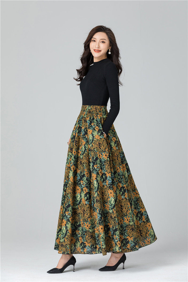 Female Cotton Linen Autumn Vintage Plus Size a-line High Waist National Fashion Big Flower Maxi Ladies Skirts for Womens