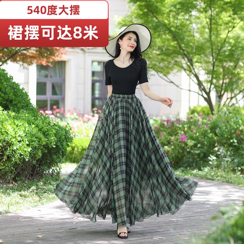 540-Degree Flowing Long Skirt, Summer Women's Skirt, Plaid Skirt, Elegant Chiffon A-Line Drape Beach Dance Skirt