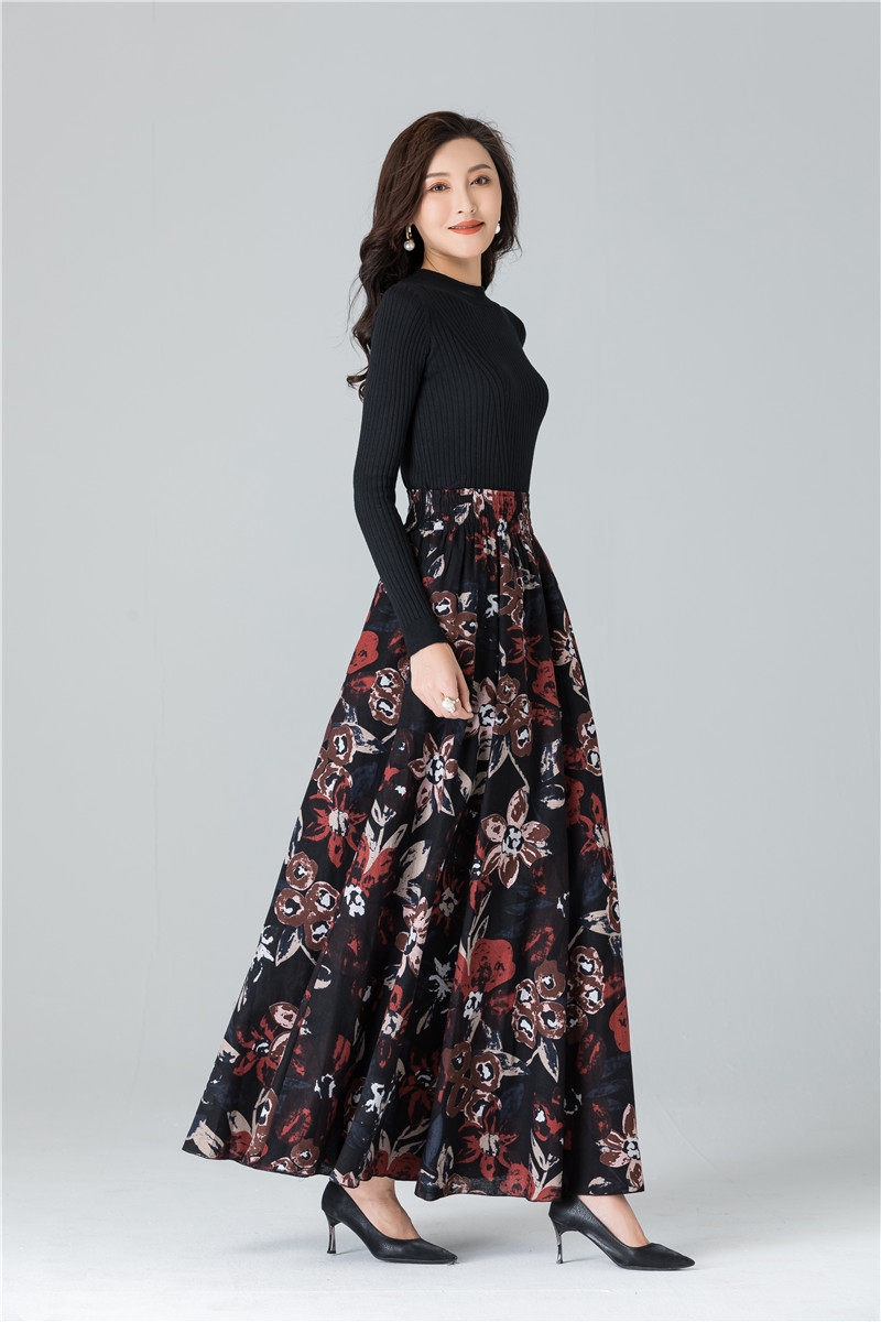 Female Cotton Linen Autumn Vintage Plus Size a-line High Waist National Fashion Big Flower Maxi Ladies Skirts for Womens