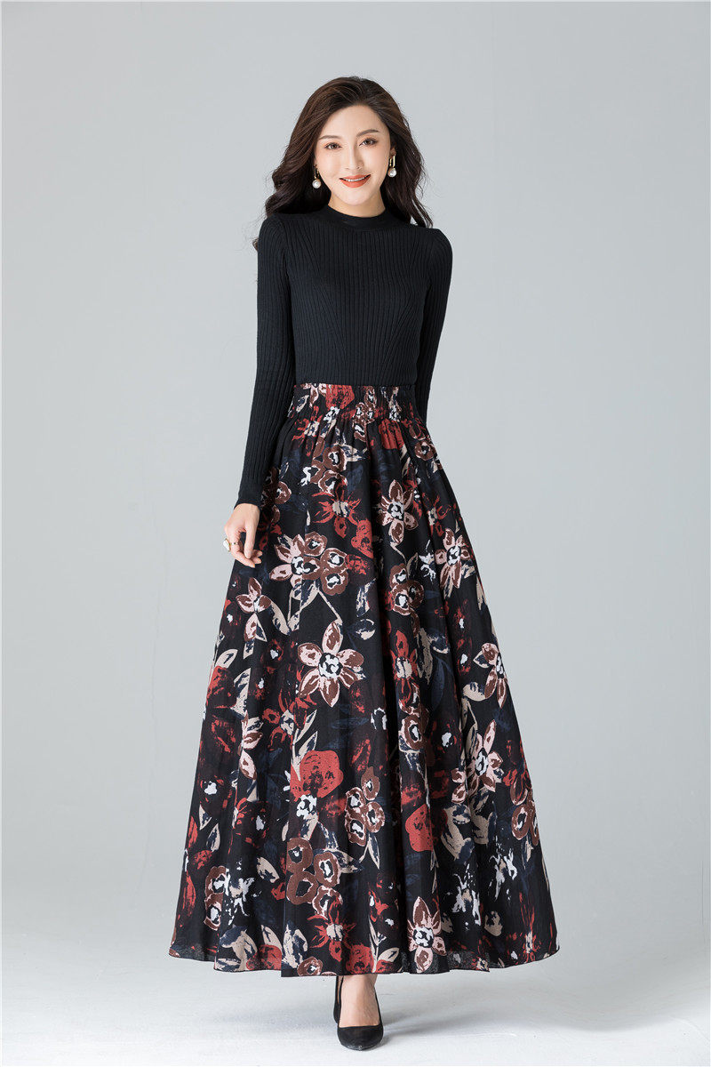 Female Cotton Linen Autumn Vintage Plus Size a-line High Waist National Fashion Big Flower Maxi Ladies Skirts for Womens