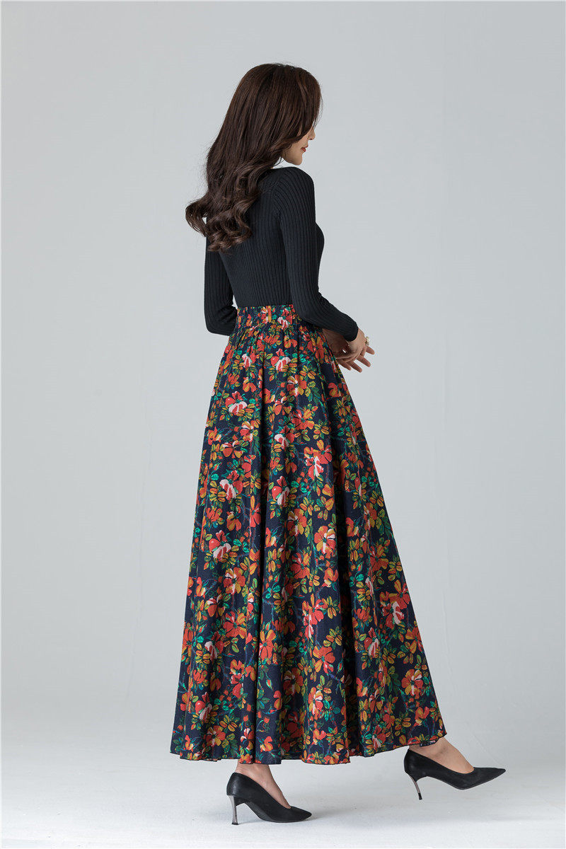 Female Cotton Linen Autumn Vintage Plus Size a-line High Waist National Fashion Big Flower Maxi Ladies Skirts for Womens