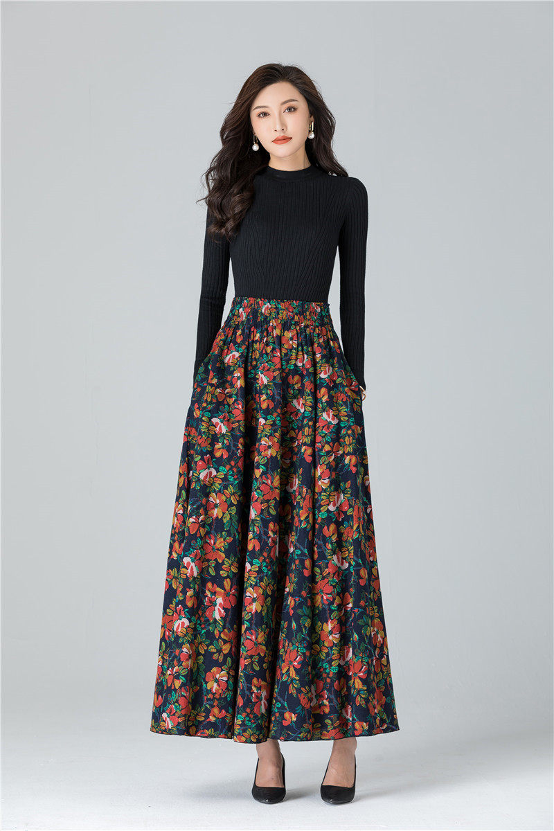 Female Cotton Linen Autumn Vintage Plus Size a-line High Waist National Fashion Big Flower Maxi Ladies Skirts for Womens