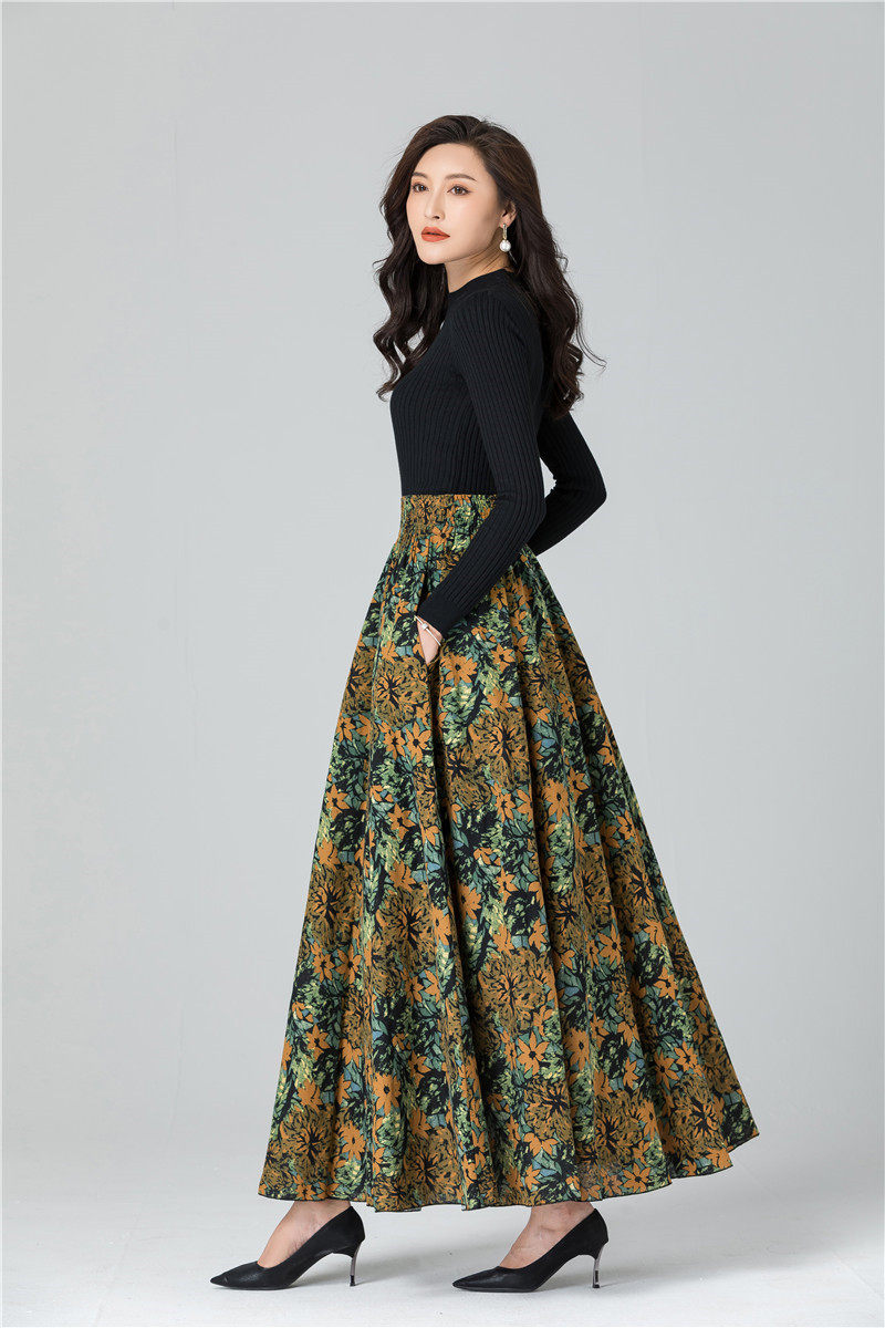 Female Cotton Linen Autumn Vintage Plus Size a-line High Waist National Fashion Big Flower Maxi Ladies Skirts for Womens