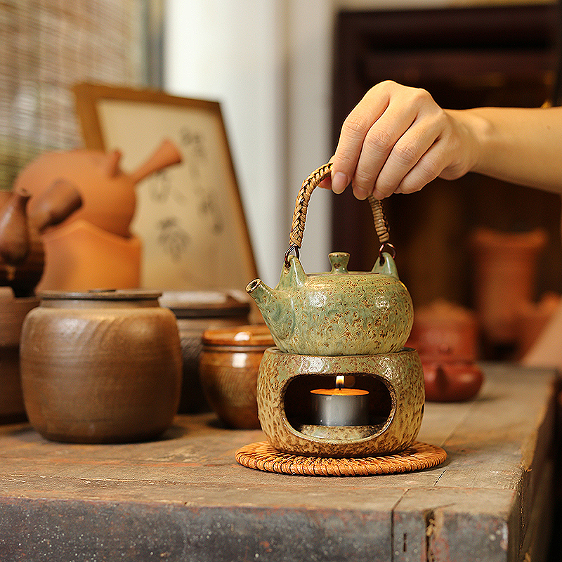 Rustic Pottery Teapot with Handle, Vintage Kiln-Fired Candle Warmer, Japanese-Style Rattan Woven Tea Kettle, Mini Tea Warmer Set