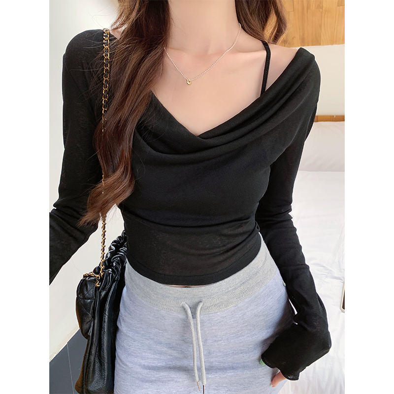 Dune Wasteland Style Spicy Girl Thin Mesh Long-Sleeve Hooded Sun Protection Cover-Up for Women with Irregular Neckline and Off-Shoulder Short Top