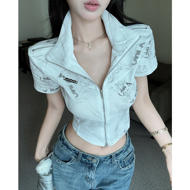 Yabi-Style American Tie-Dye Print Design Stand-Up Collar Short-Sleeve T-Shirt for Women, Sweet and Cool Spicy Girl Zipper Short Cardigan Top Yabi-Style American Tie-Dye Print Design Stand-Up Collar Short-Sleeve T-Shirt for Women, Sweet and Cool Spicy Girl Zipper Short Cardigan Top
