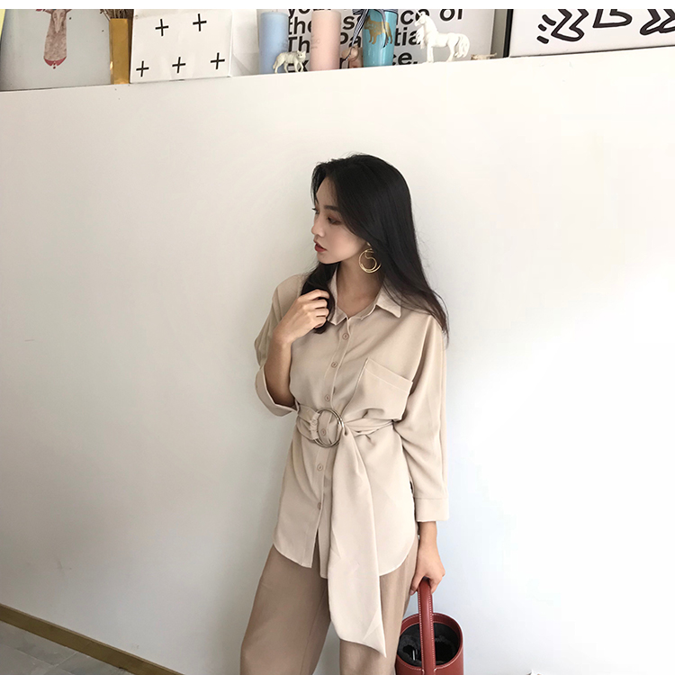 VK旗艦店 韓國風復古九分袖休閒襯衫翻領長袖上衣
