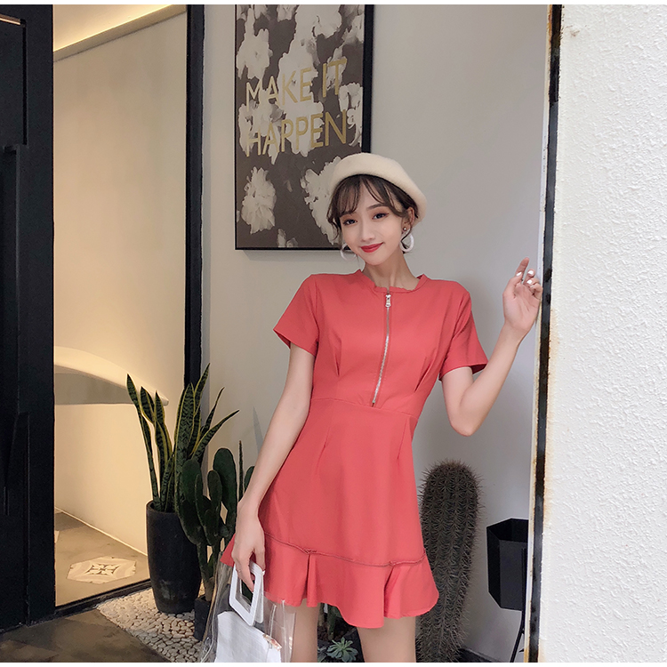 VK旗艦店 韓系荷葉邊裙子氣質純色短袖洋裝