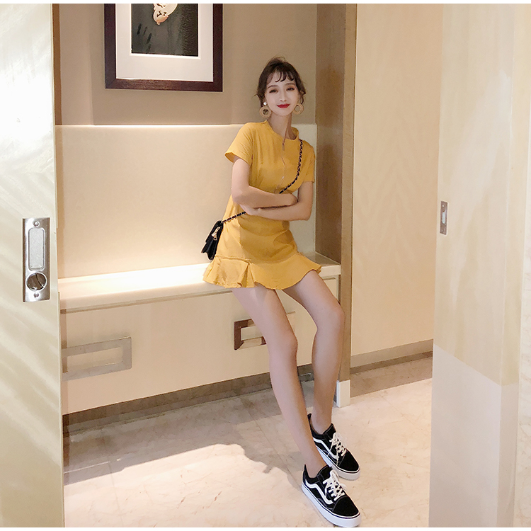 VK旗艦店 韓系荷葉邊裙子氣質純色短袖洋裝