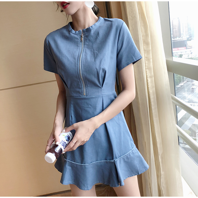 VK旗艦店 韓系荷葉邊裙子氣質純色短袖洋裝