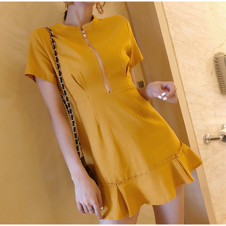 VK旗艦店 韓系荷葉邊裙子氣質純色短袖洋裝