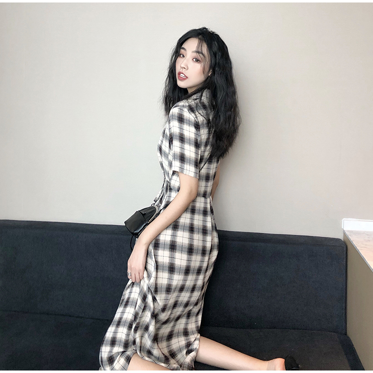 VK旗艦店 韓系復古氣質格紋長裙時尚短袖洋裝
