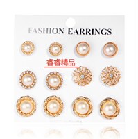 6 Pairs Woman RhineStone Pearl Stud Earrings Female Jewelry