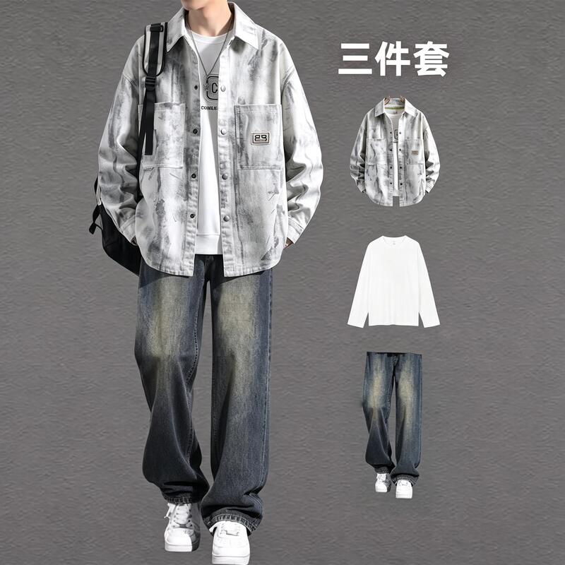 Retro Trendy Denim Jacket, Autum Style, Handsome and Cool, Paired with Jeans, Junior High School Student Suit, Boys' Daily Three-Piece Suit Retro Trendy Denim Jacket, Autum Style, Handsome and Cool, Paired with Jeans, Junior High School Student Suit, Boys' Daily Three-Piece Suit