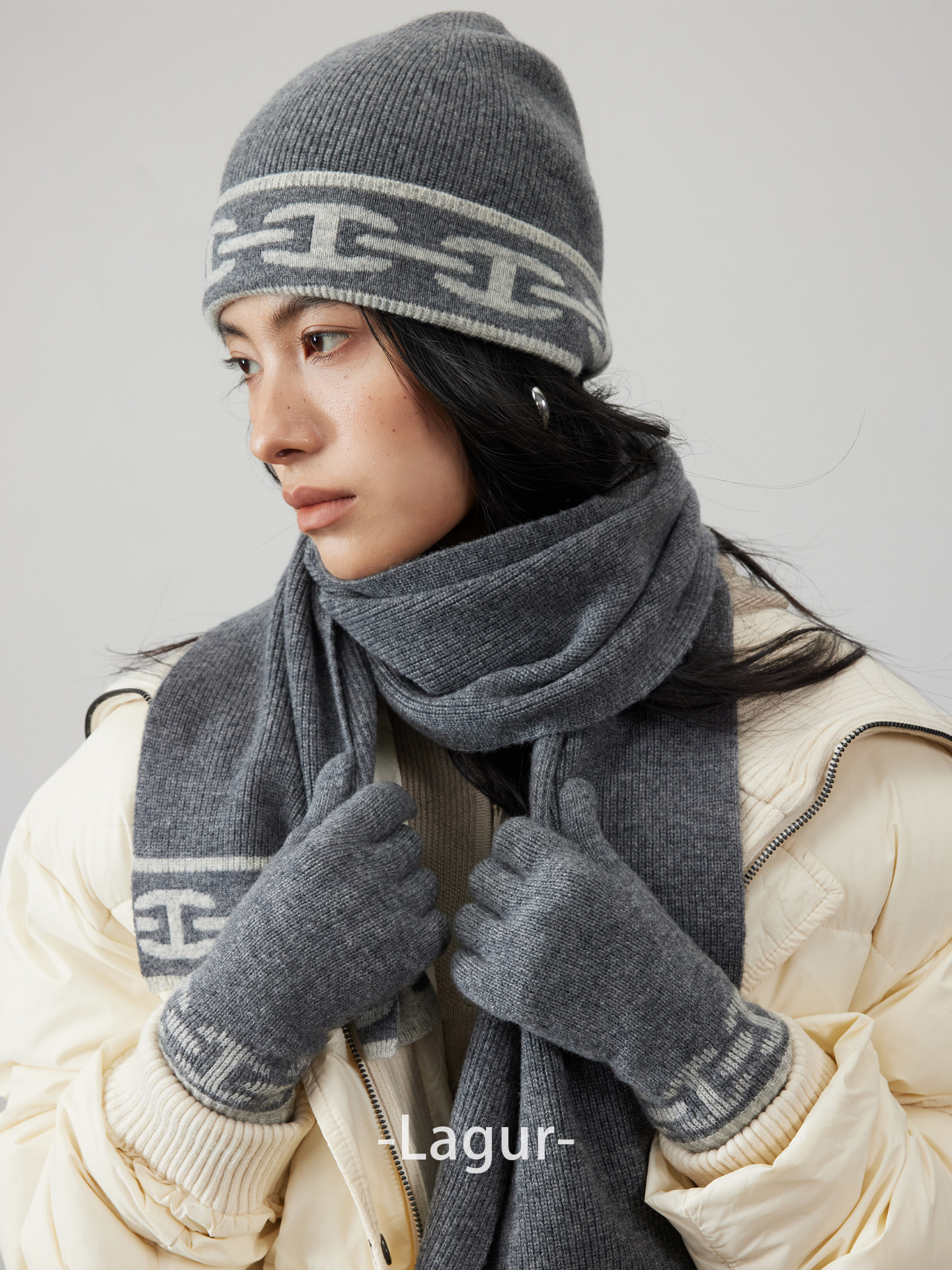 H* Pig Nose Full Series 100% Wool [Scarf + Gloves + Hat] Thick Knitted Fine Wool Warm Hat