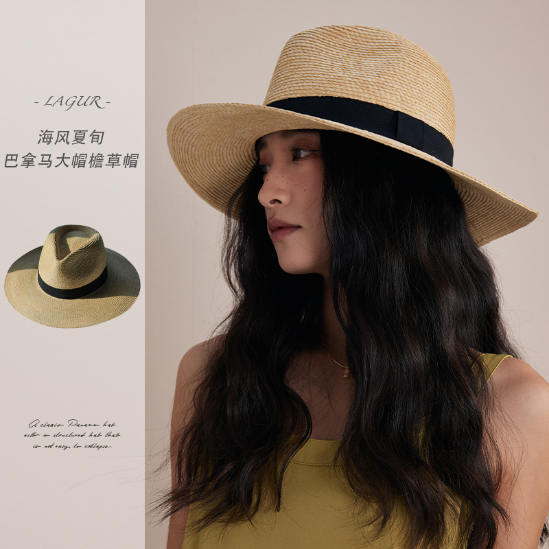 シーブリーズサマー〜大きなつばのパナマハット、日焼け防止、ビーチバケーション、麦わら帽子、レディースサマーサンハット、フラットトップ
