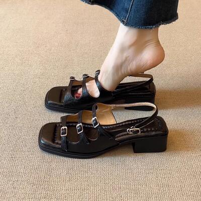 nnmiss/4cm comfortable to step on, square head one-strap thick heel high heels, simple and retro back open-toe sandals