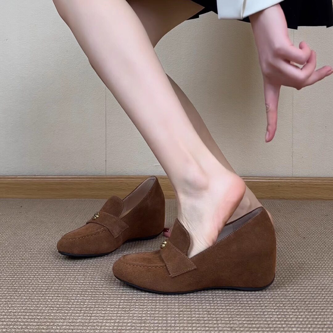 nnmiss/6cm retro-style insole height-increasing round toe loafers Versatile for commuting camellia wedge heel deep toe single shoes