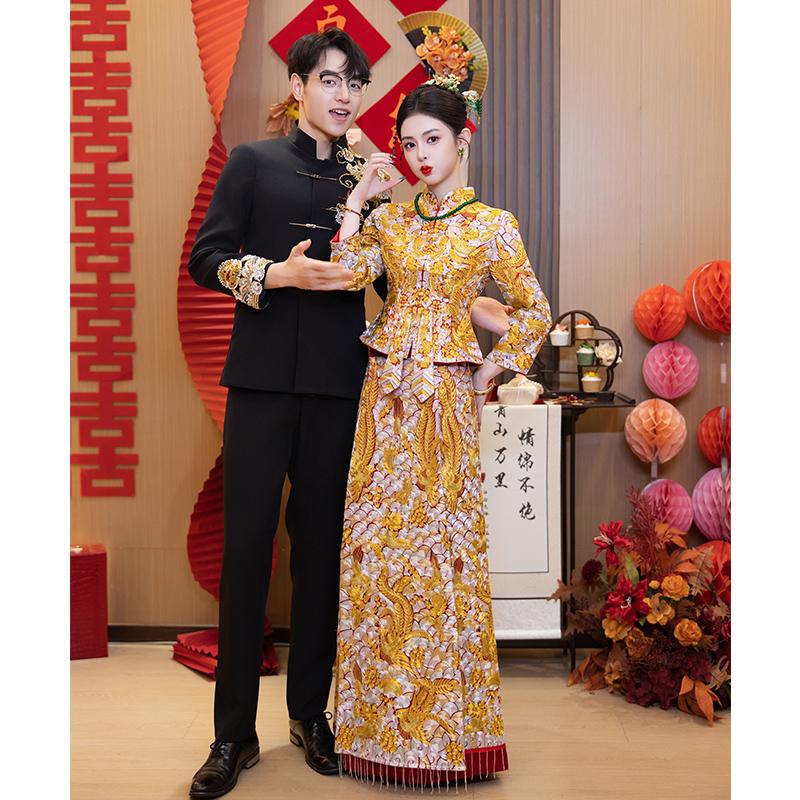 Large Five-福 (Fu) Dragon and Phoenix Gown Wedding Dress Xiuhe Style 2026 New Bride Gown Heavy Craftsmanship Chinese Wedding Dress for Petite Figures