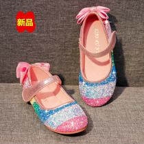 Girls rainbow sequestrated shoes leather shoes students round head soft soles beans shoes Princess crystal shoes