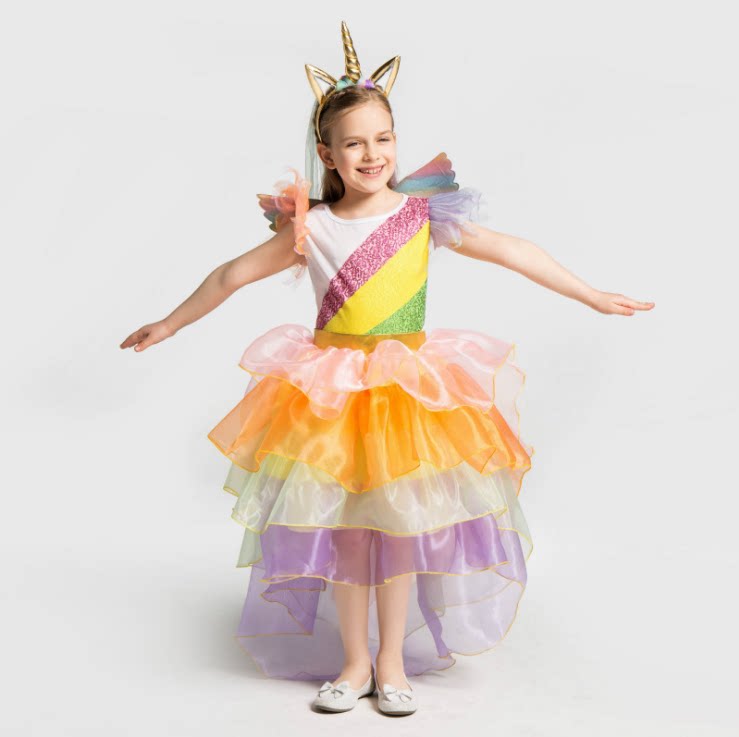 Children's Rainbow Skirt Colorful Wings Pony Princess Skirt cosplay Costume Dress Halloween Stage Clothing