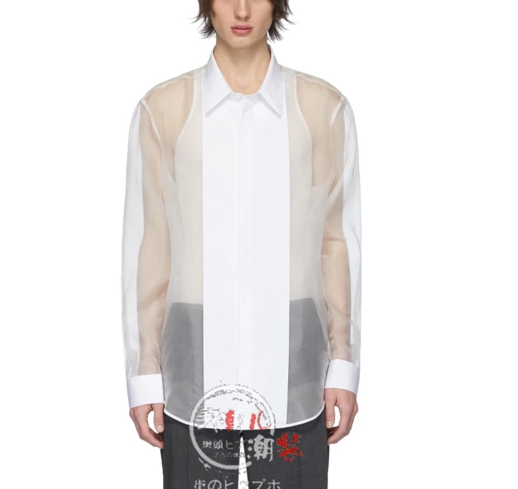 New Men's Casual Versatile Transparent Shirt Normcore Splicing Organza Long-Sleeved Shirt Semi-Transparent Bottoming Shirt