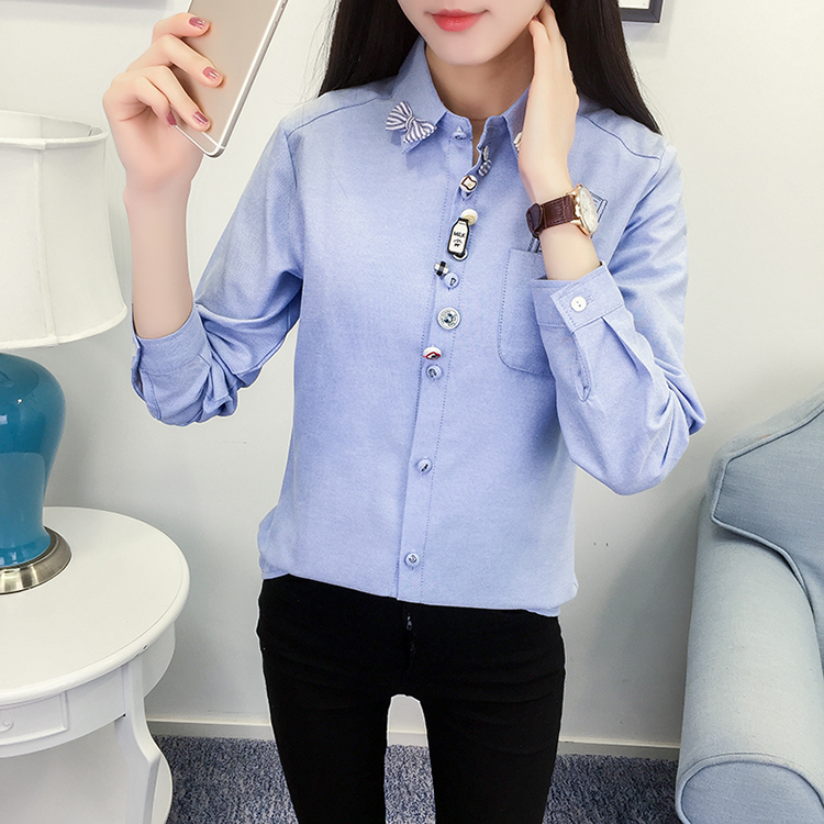 Áo sơ mi trắng tay dài nữ lửng thêu thêu áo sơ mi đại học lộng gió áo sơ mi mềm mại văn học Nhật áo sơ mi kẻ nữ dài tay