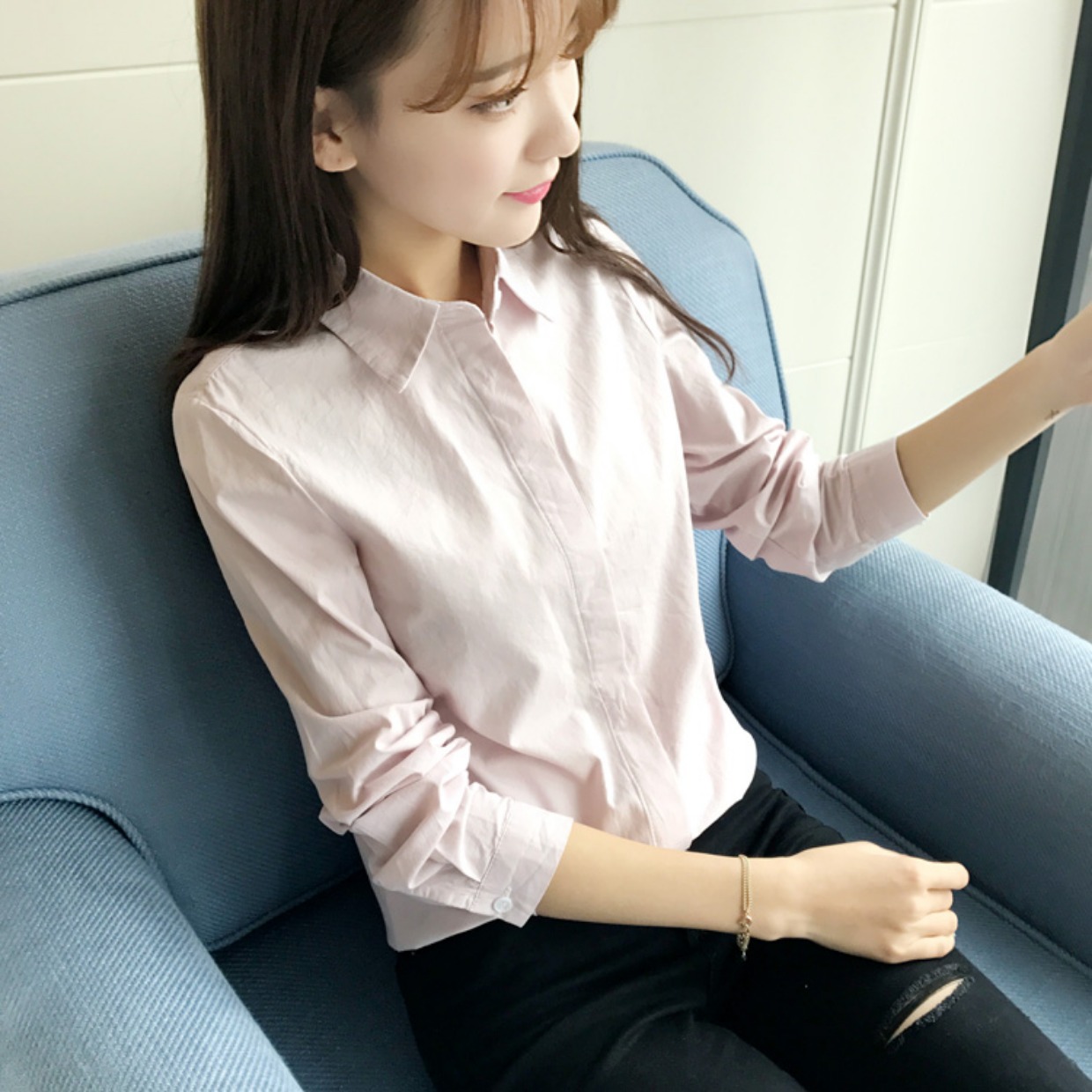 Áo sơ mi trắng dài tay nữ mùa thu mới nhỏ cổ áo văn học búp bê tươi phiên bản Hàn Quốc áo sơ mi nữ kiểu